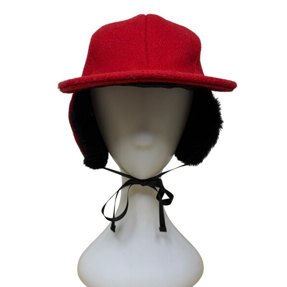 Outdoors Unisex Red & Black Wool Trapper Hat With Faux Fur Ear Flaps OS - Picture 1 of 6